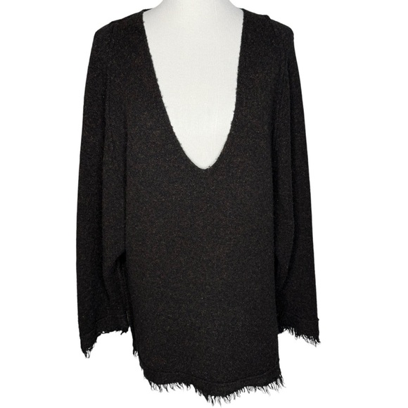 Free People Irresistible Fringe Dark Brown Wool Linen Blend VNeck Sweater Size S - Picture 2 of 13